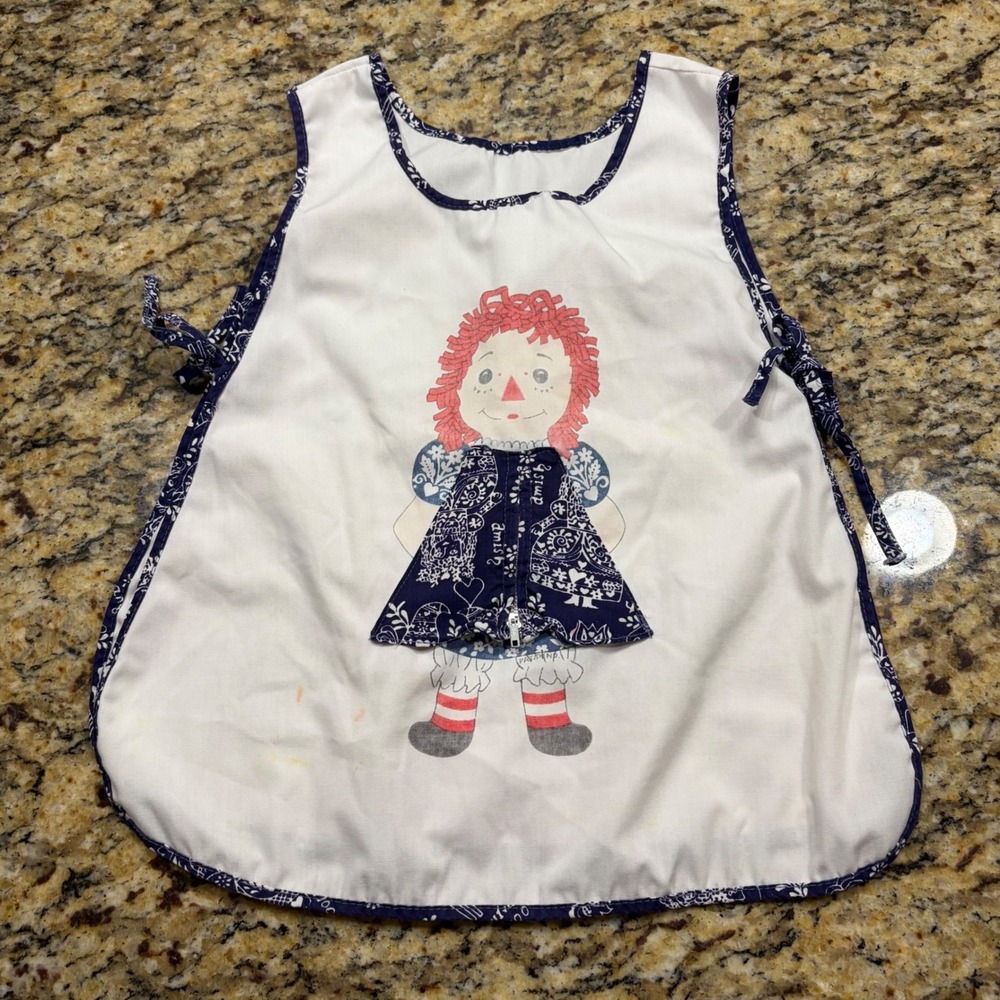 Vintage Raggedy Ann Kids Smock Apron White Navy Blue Side Tie Pinafore Zipper